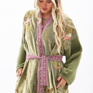 Aratta Velvet Embroidered Kimono Coatigan in Purple and Olive
